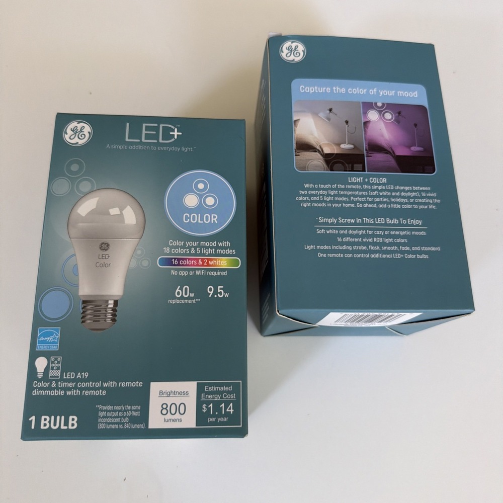 Lot of 2 GE LED+ Color A19 Bulbs 60W Eq 800lm Remote 16 Colors NEW.  ‎  5194